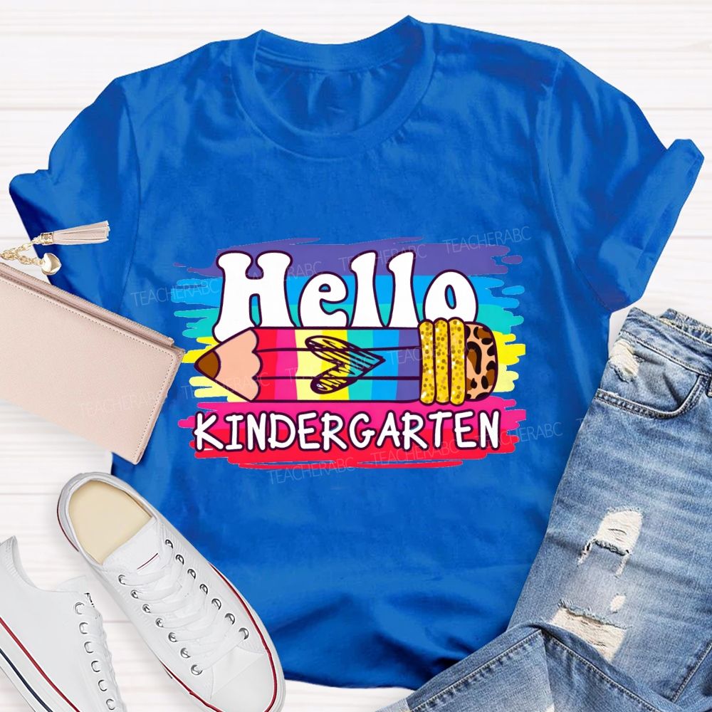 Personalized Grade Hello Kindergarten Colorful Leopard Pencil Teacher T-Shirt