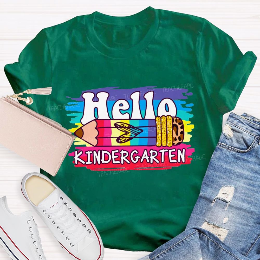 Personalized Grade Hello Kindergarten Colorful Leopard Pencil Teacher T-Shirt
