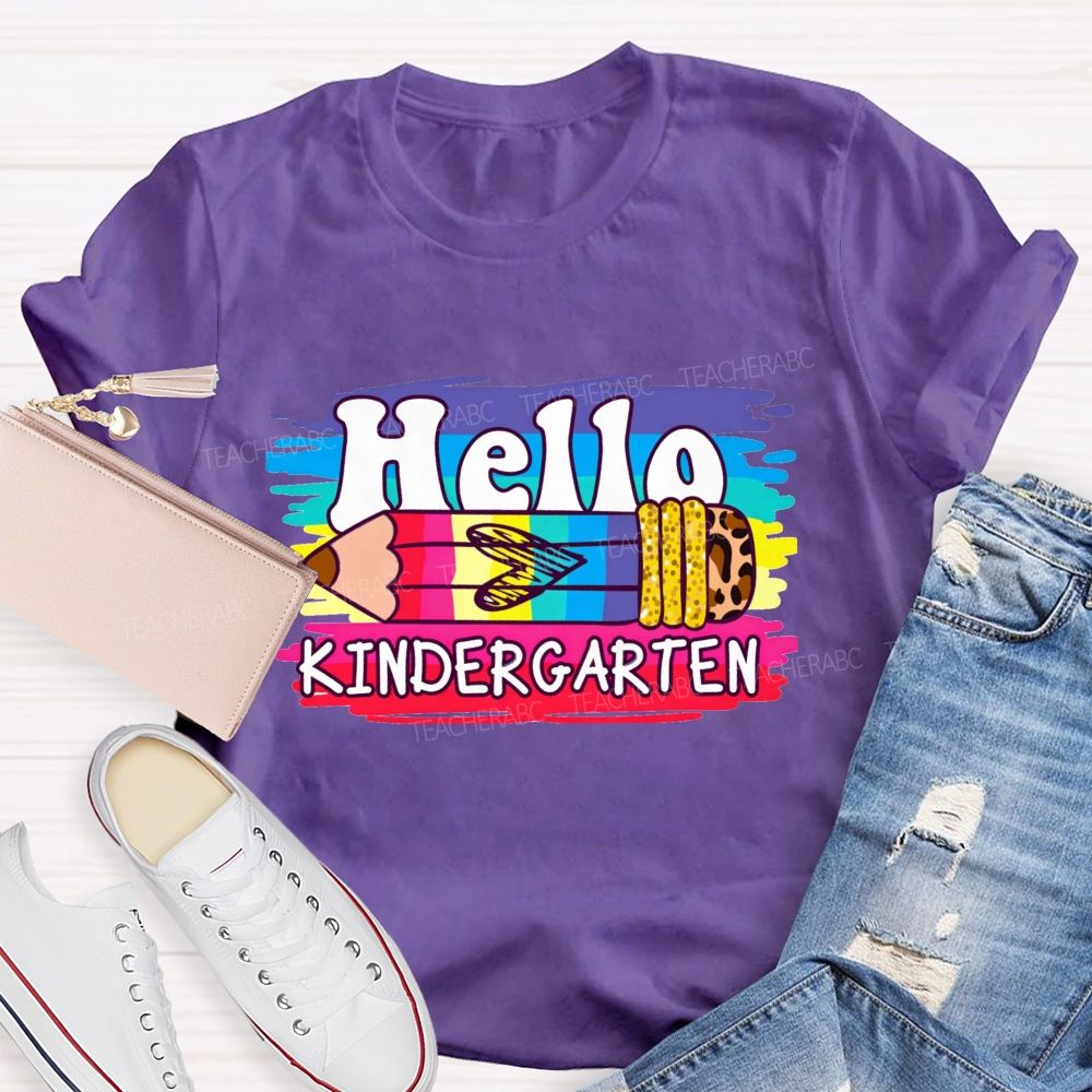 Personalized Grade Hello Kindergarten Colorful Leopard Pencil Teacher T-Shirt