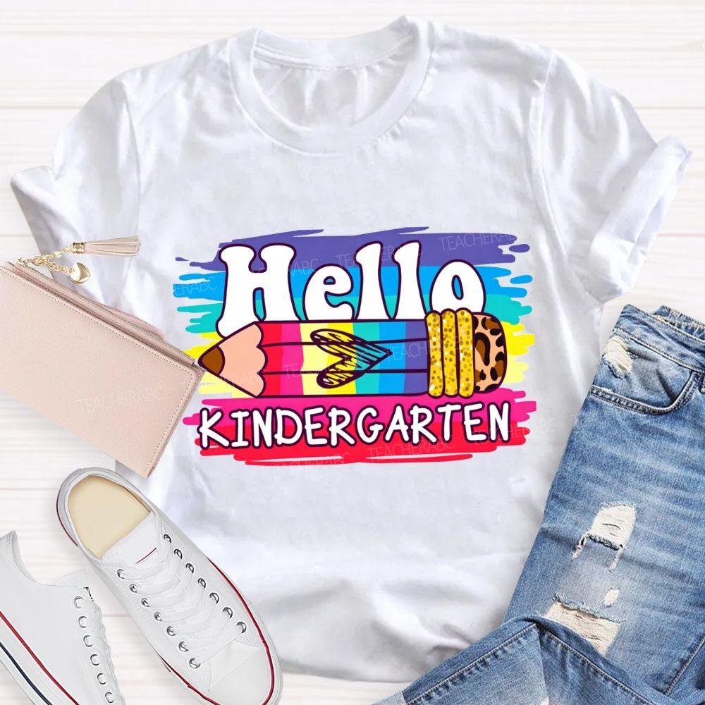 Personalized Grade Hello Kindergarten Colorful Leopard Pencil Teacher T-Shirt