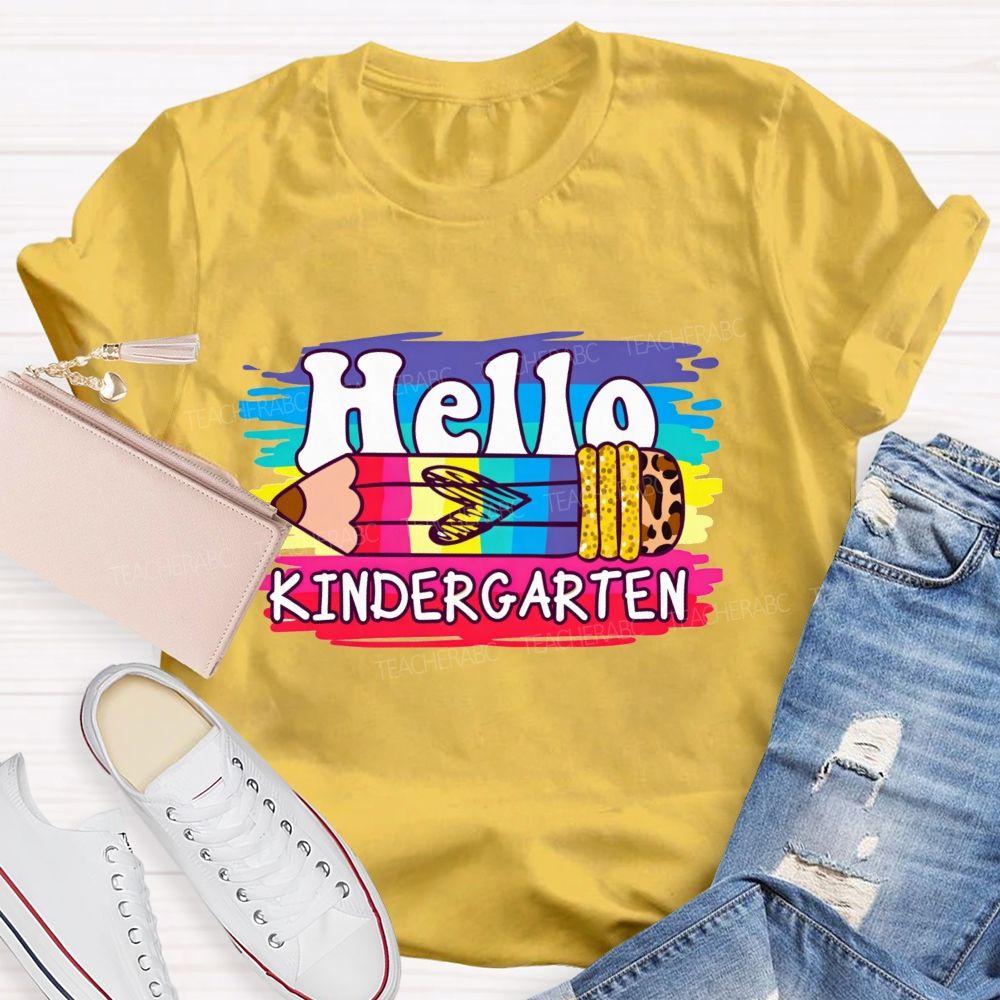 Personalized Grade Hello Kindergarten Colorful Leopard Pencil Teacher T-Shirt