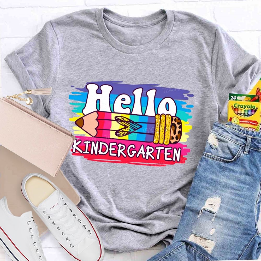 Personalized Grade Hello Kindergarten Colorful Leopard Pencil Teacher T-Shirt