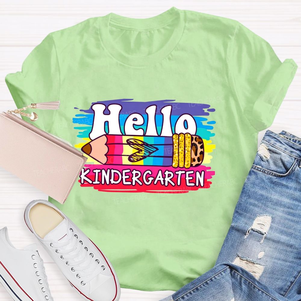 Personalized Grade Hello Kindergarten Colorful Leopard Pencil Teacher T-Shirt