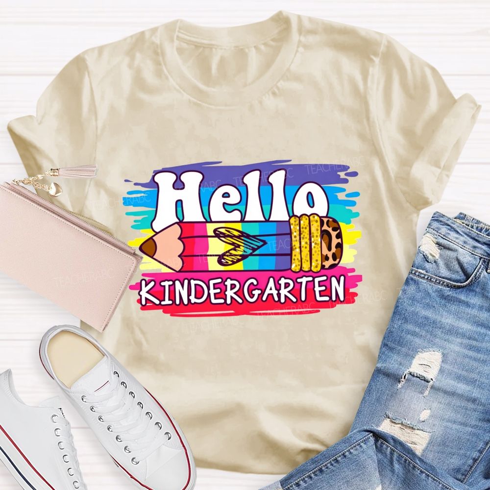 Personalized Grade Hello Kindergarten Colorful Leopard Pencil Teacher T-Shirt