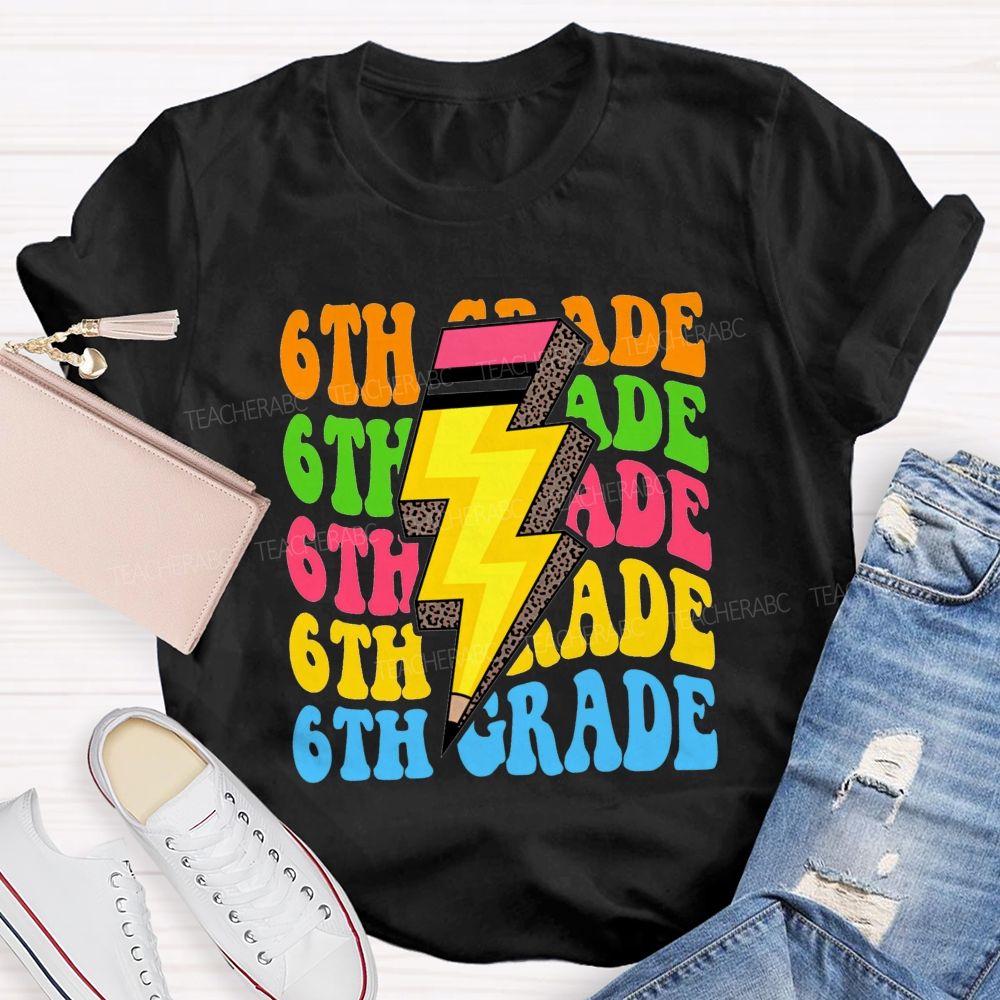 Personalized Grade Colorful Letters Leopard Pencil Back To School Teacher T-Shirt