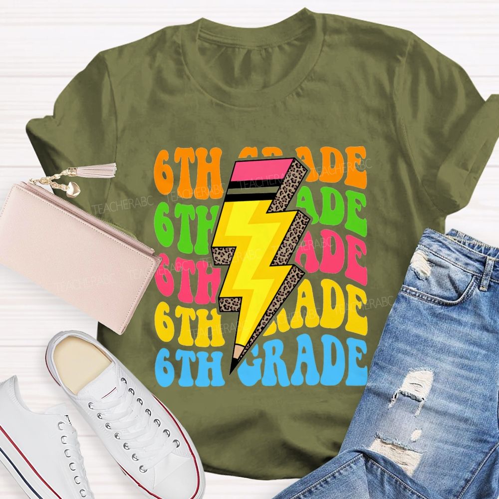 Personalized Grade Colorful Letters Leopard Pencil Back To School Teacher T-Shirt