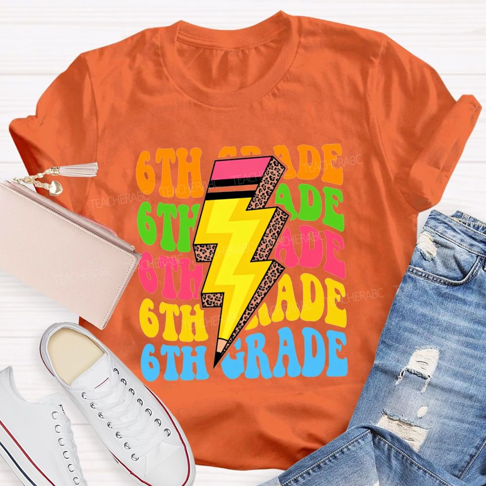Personalized Grade Colorful Letters Leopard Pencil Back To School Teacher T-Shirt
