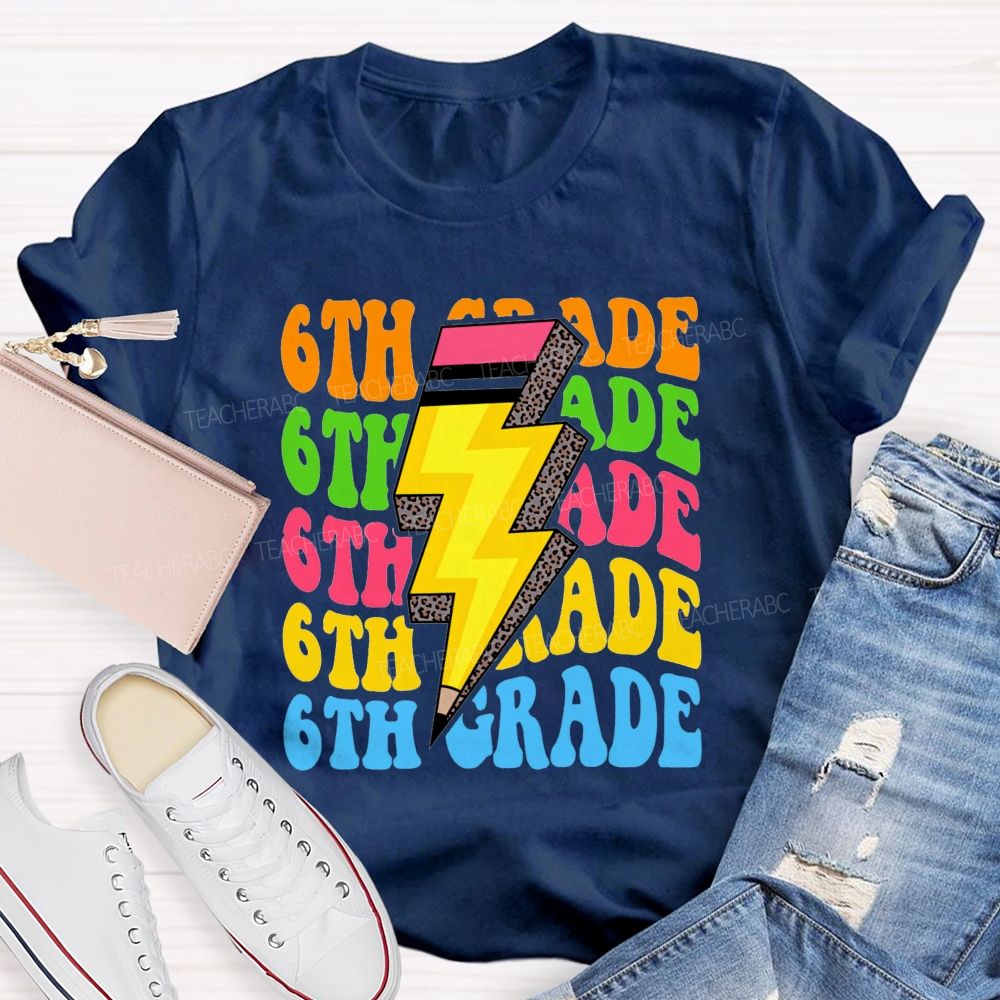 Personalized Grade Colorful Letters Leopard Pencil Back To School Teacher T-Shirt
