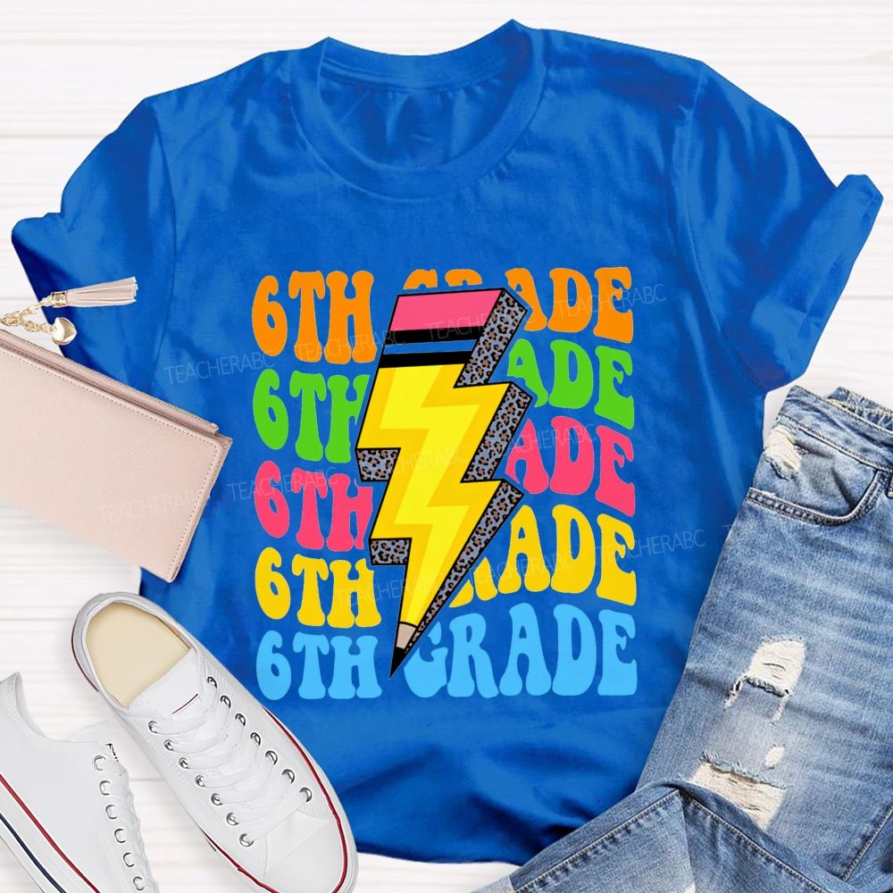 Personalized Grade Colorful Letters Leopard Pencil Back To School Teacher T-Shirt