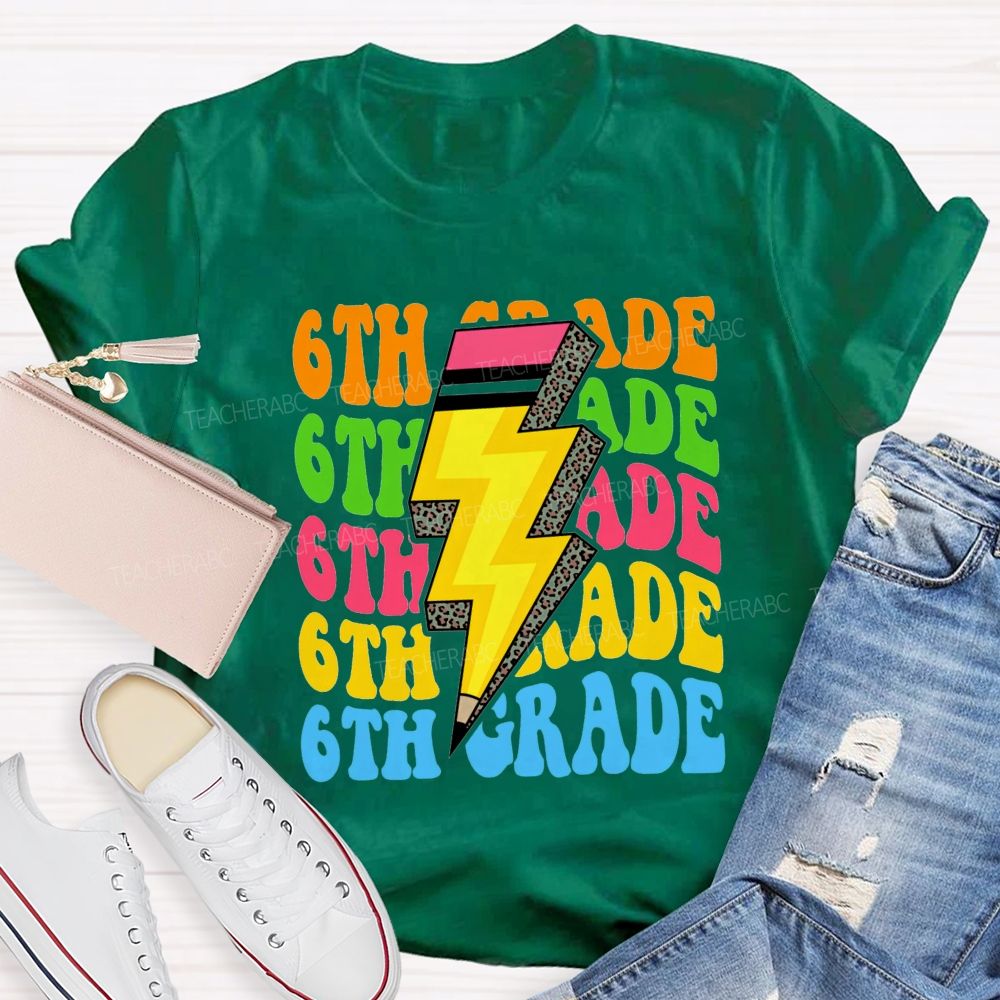 Personalized Grade Colorful Letters Leopard Pencil Back To School Teacher T-Shirt