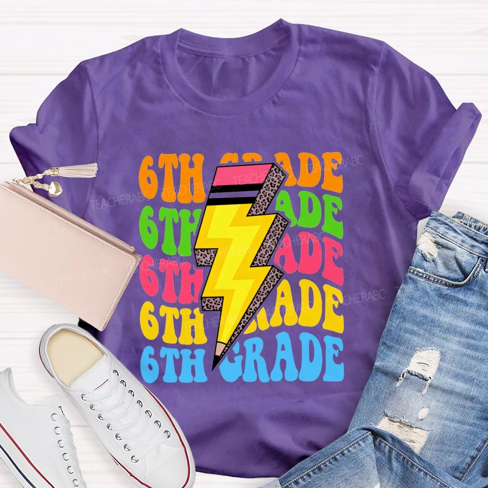Personalized Grade Colorful Letters Leopard Pencil Back To School Teacher T-Shirt