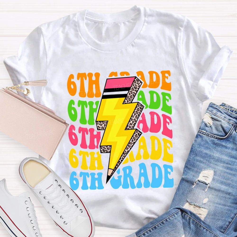Personalized Grade Colorful Letters Leopard Pencil Back To School Teacher T-Shirt