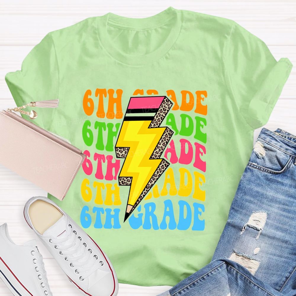 Personalized Grade Colorful Letters Leopard Pencil Back To School Teacher T-Shirt