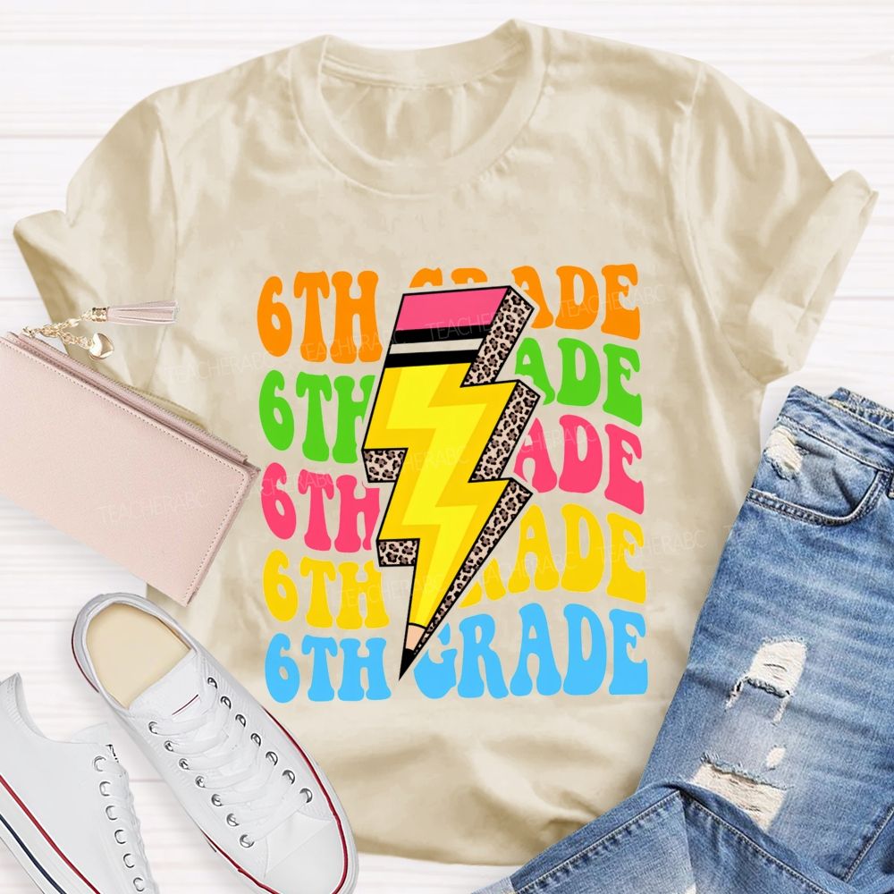 Personalized Grade Colorful Letters Leopard Pencil Back To School Teacher T-Shirt