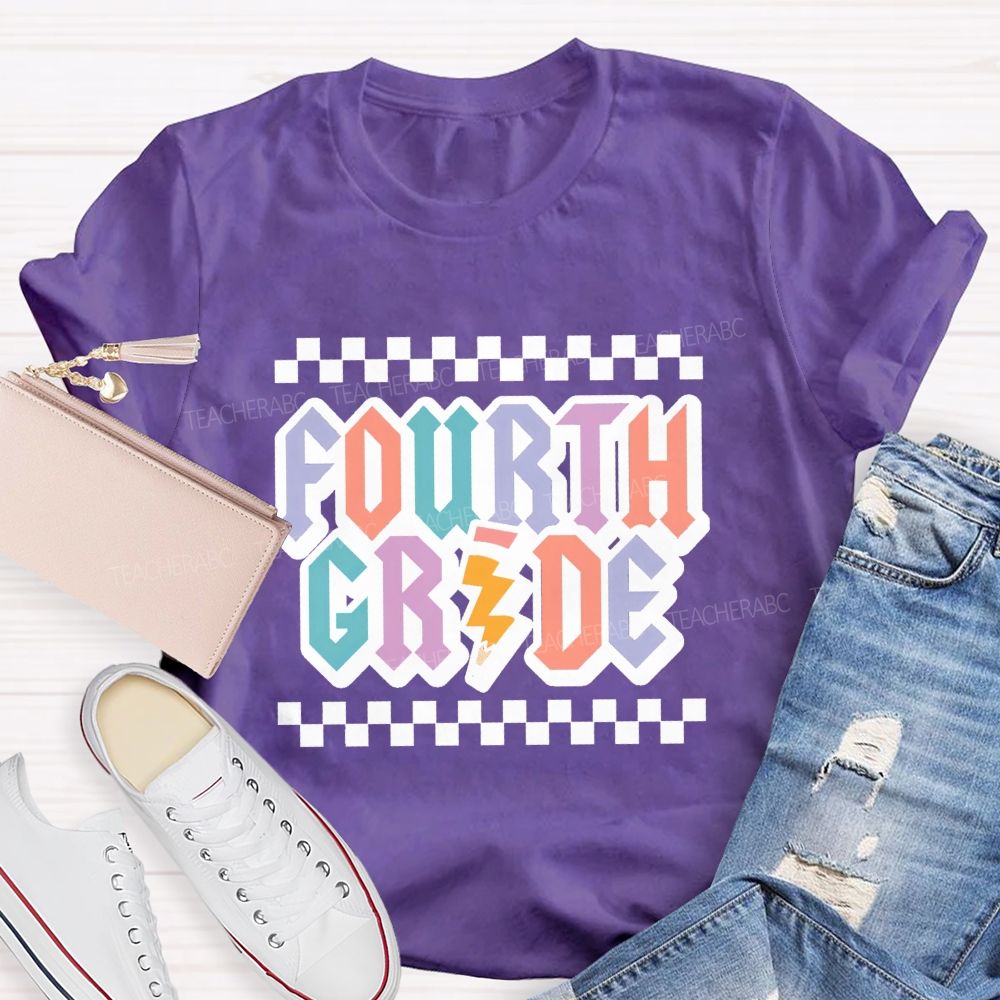 Personalized Grade Fourth Grade Teacher Retro Checkerboard Teacher T-Shirt