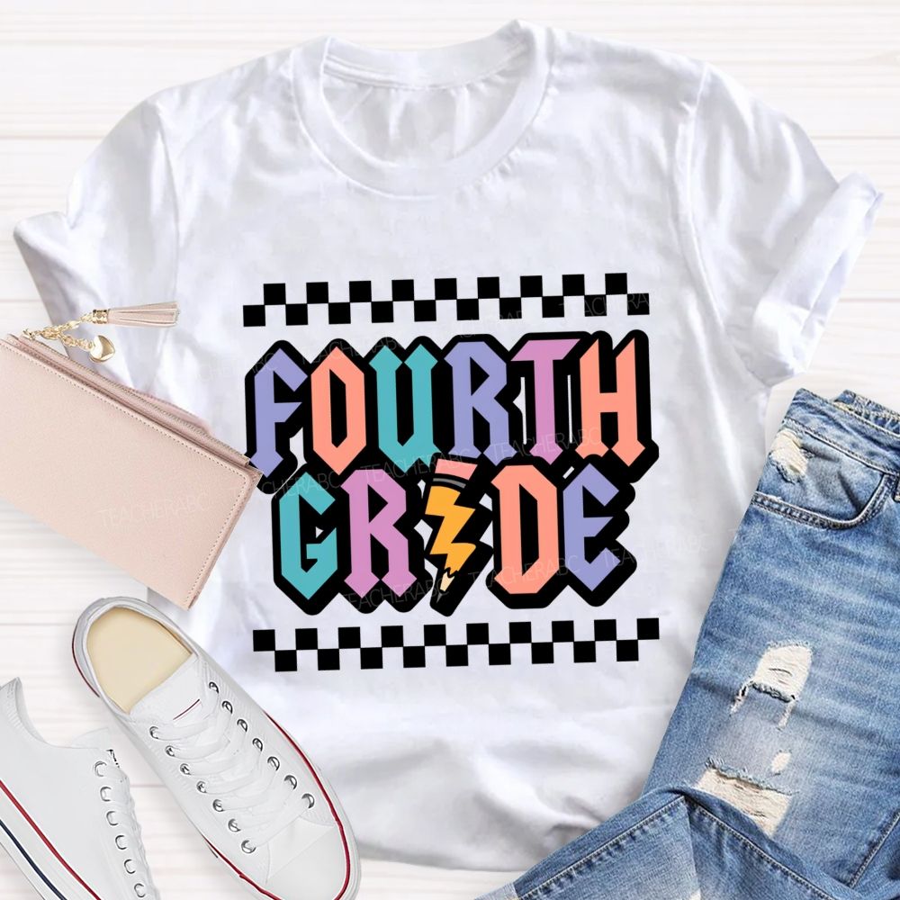 Personalized Grade Fourth Grade Teacher Retro Checkerboard Teacher T-Shirt