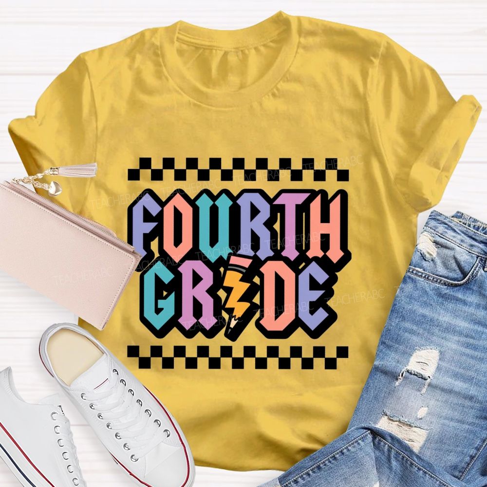 Personalized Grade Fourth Grade Teacher Retro Checkerboard Teacher T-Shirt