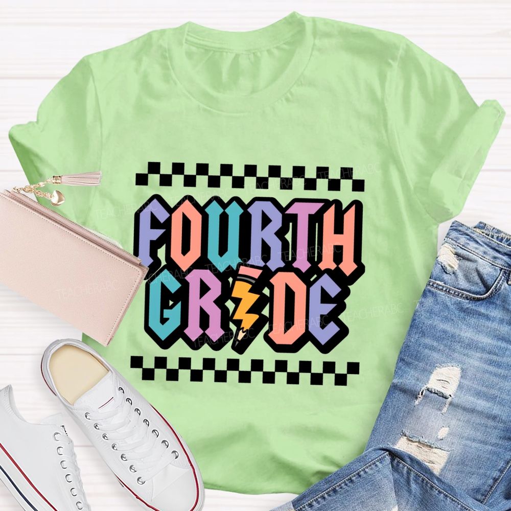 Personalized Grade Fourth Grade Teacher Retro Checkerboard Teacher T-Shirt