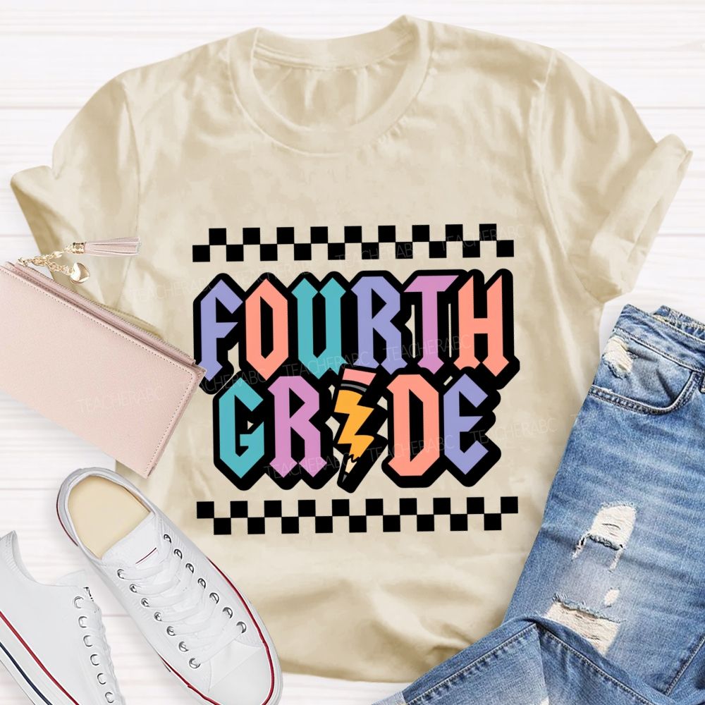 Personalized Grade Fourth Grade Teacher Retro Checkerboard Teacher T-Shirt