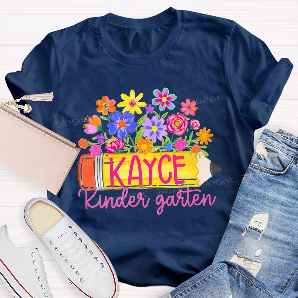 Personalized Grade And Name Floral Pencil Back To School Teacher T-Shirt