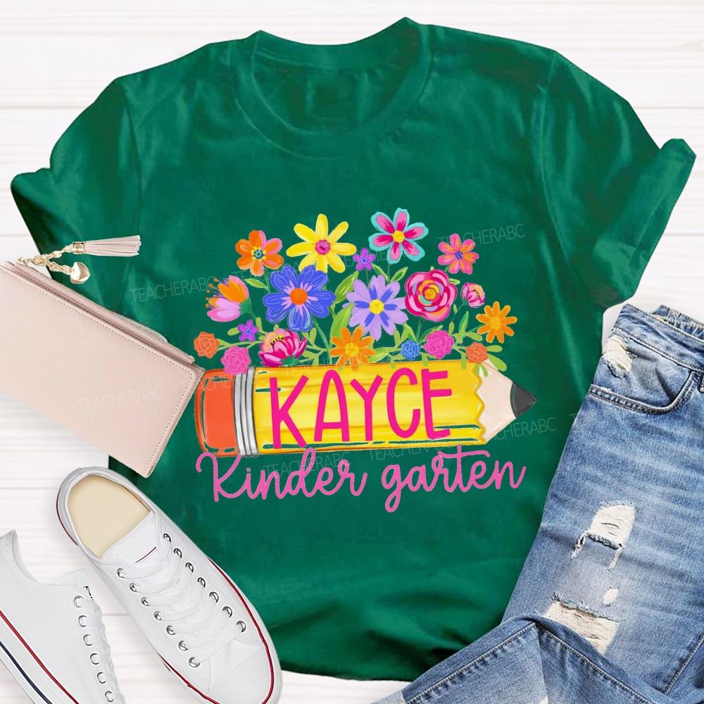 Personalized Grade And Name Floral Pencil Back To School Teacher T-Shirt