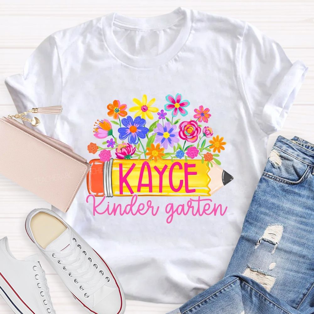 Personalized Grade And Name Floral Pencil Back To School Teacher T-Shirt