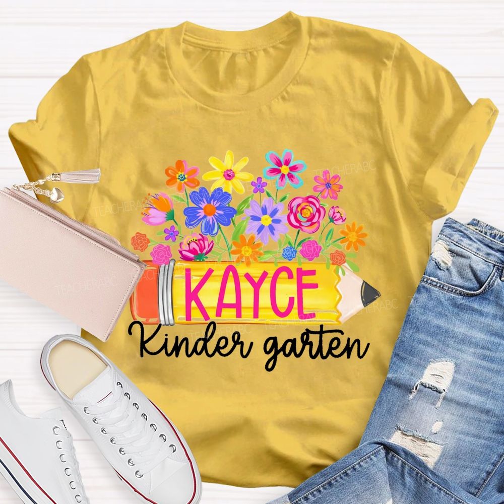 Personalized Grade And Name Floral Pencil Back To School Teacher T-Shirt