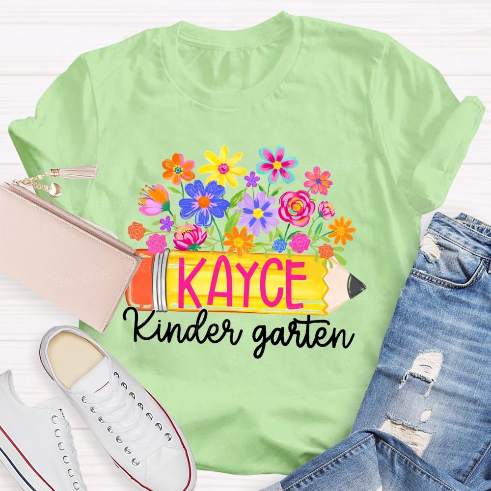 Personalized Grade And Name Floral Pencil Back To School Teacher T-Shirt