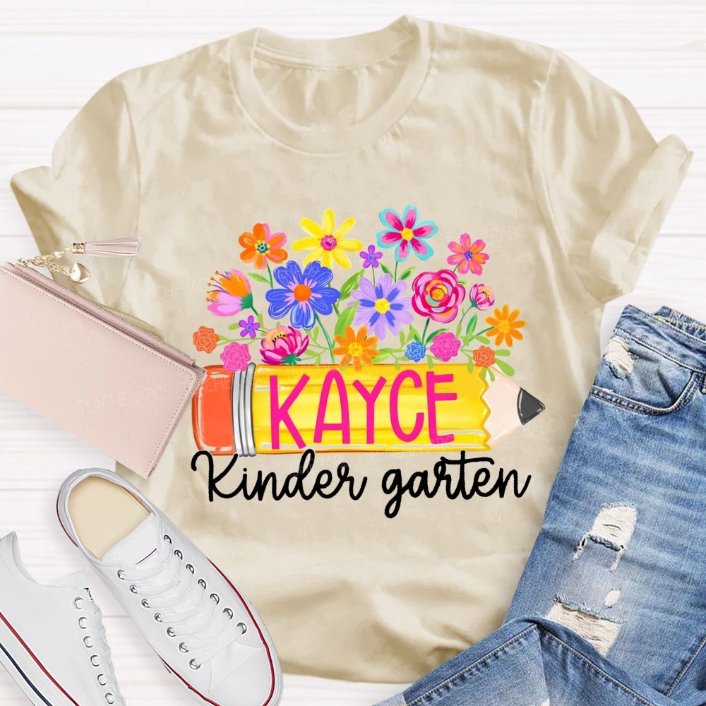 Personalized Grade And Name Floral Pencil Back To School Teacher T-Shirt