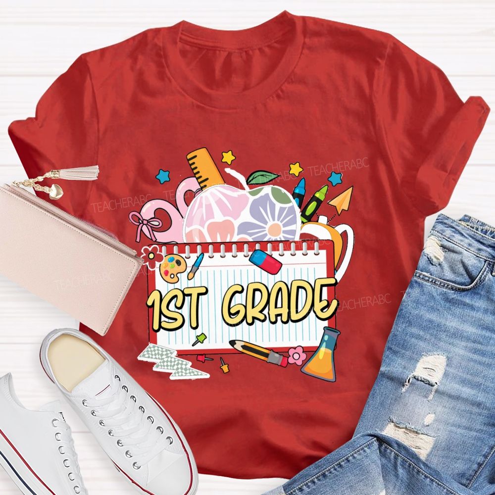 Personalized Grade Floral Apple-Style Colorful Notebook Teacher T-Shirt