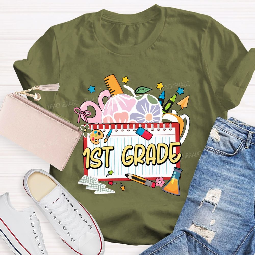 Personalized Grade Floral Apple-Style Colorful Notebook Teacher T-Shirt