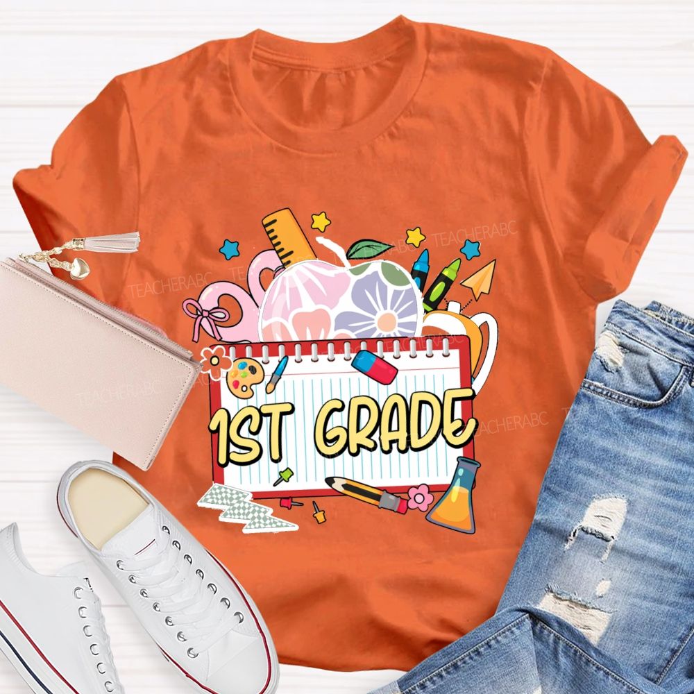Personalized Grade Floral Apple-Style Colorful Notebook Teacher T-Shirt