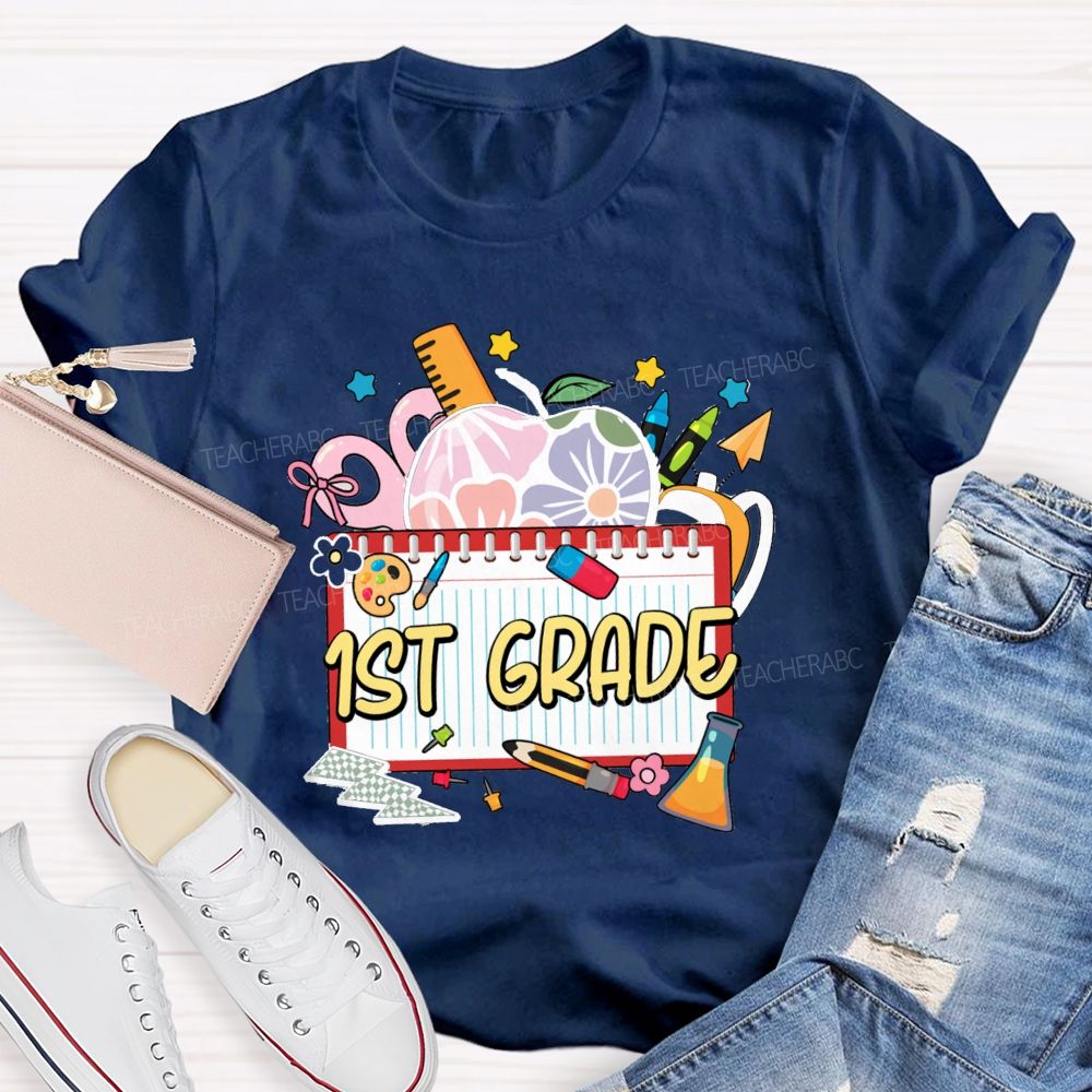 Personalized Grade Floral Apple-Style Colorful Notebook Teacher T-Shirt