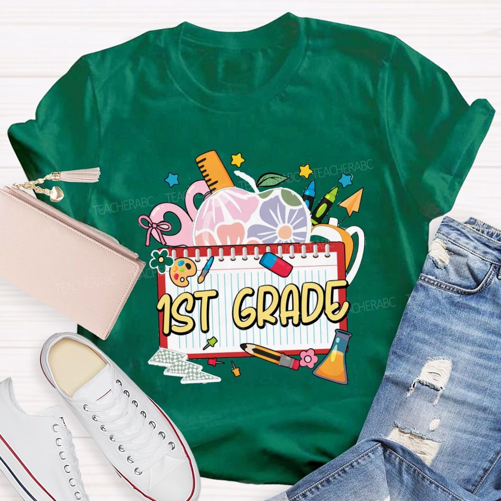 Personalized Grade Floral Apple-Style Colorful Notebook Teacher T-Shirt