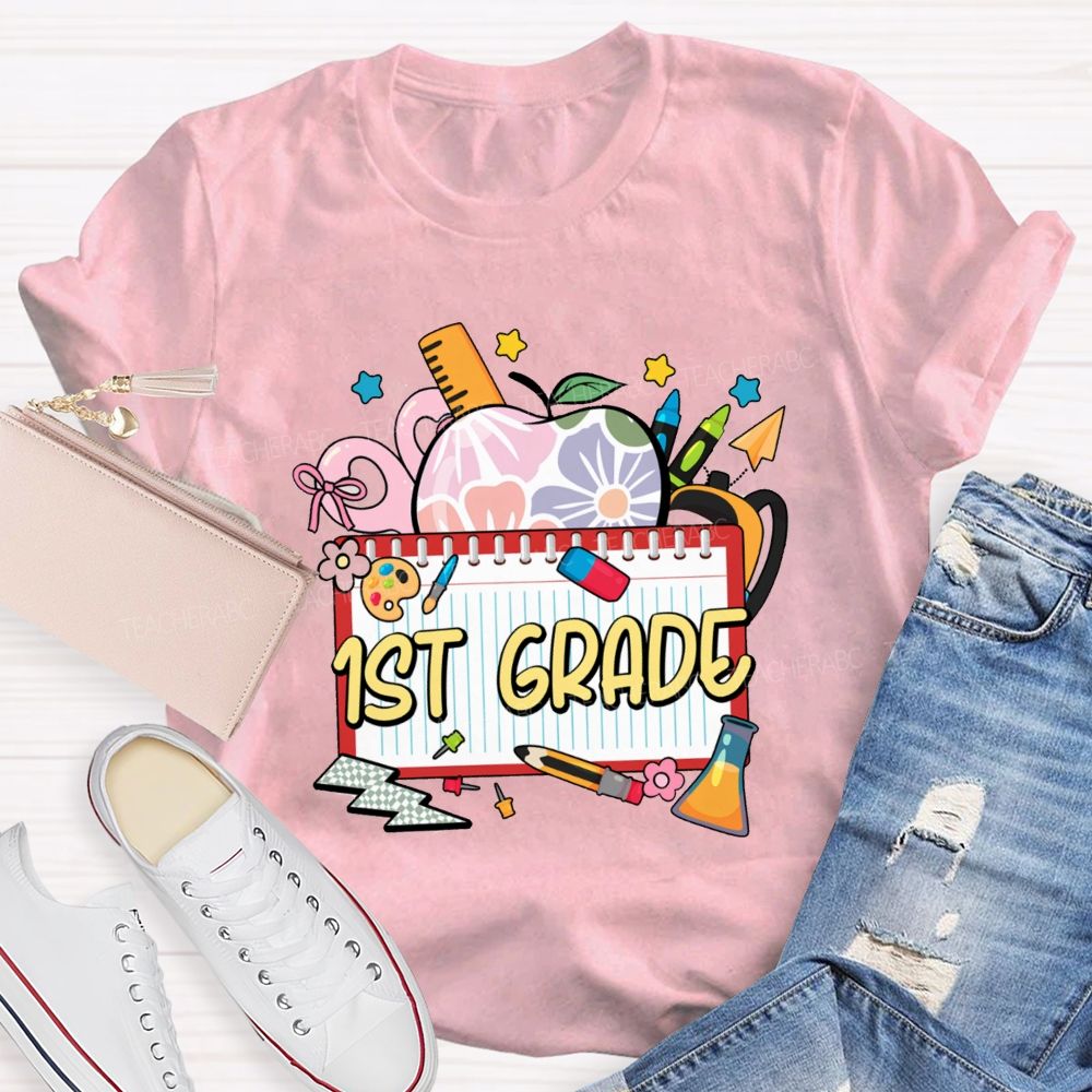 Personalized Grade Floral Apple-Style Colorful Notebook Teacher T-Shirt