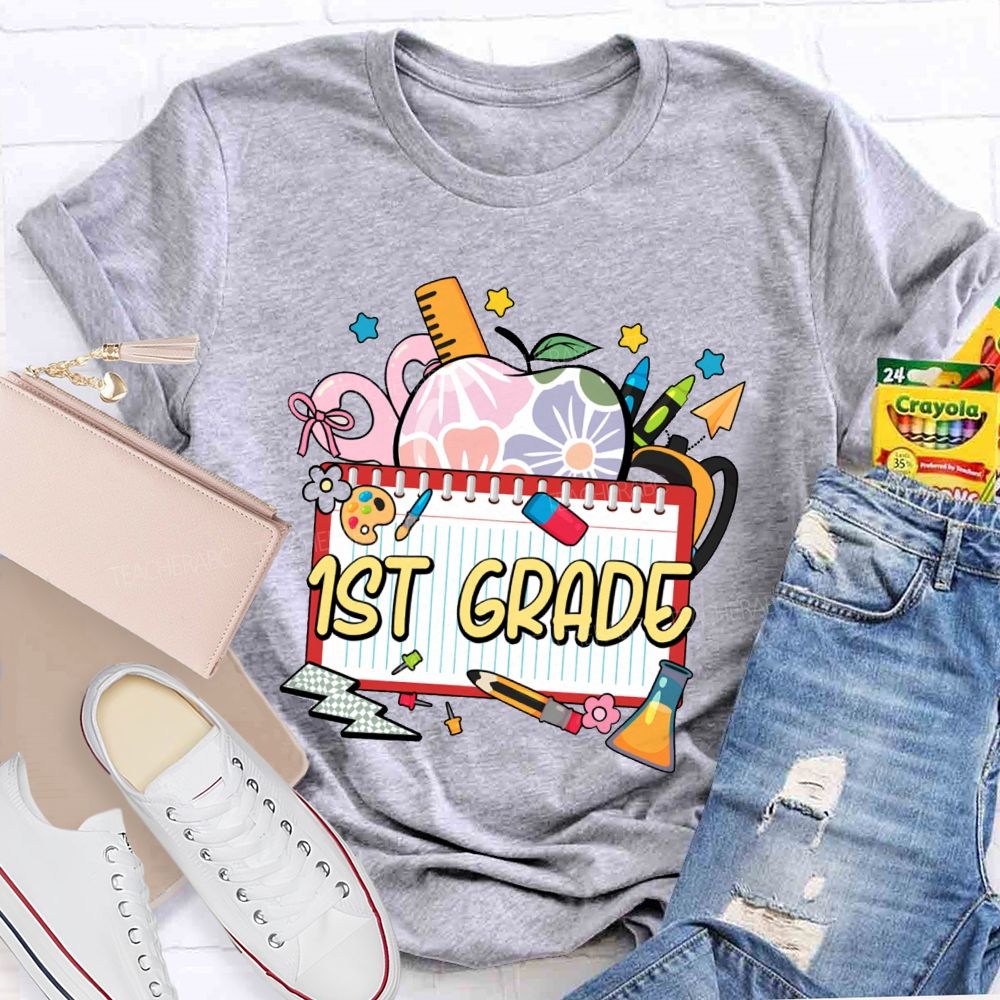 Personalized Grade Floral Apple-Style Colorful Notebook Teacher T-Shirt