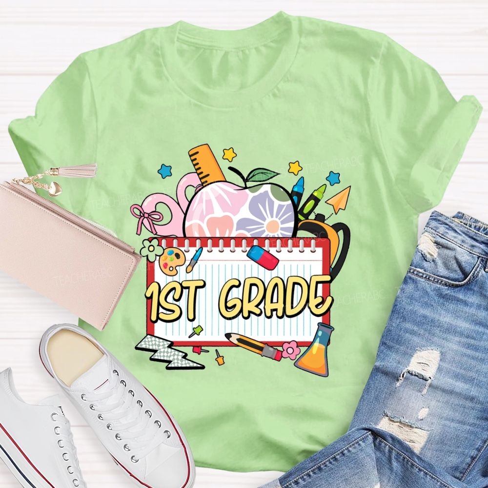 Personalized Grade Floral Apple-Style Colorful Notebook Teacher T-Shirt