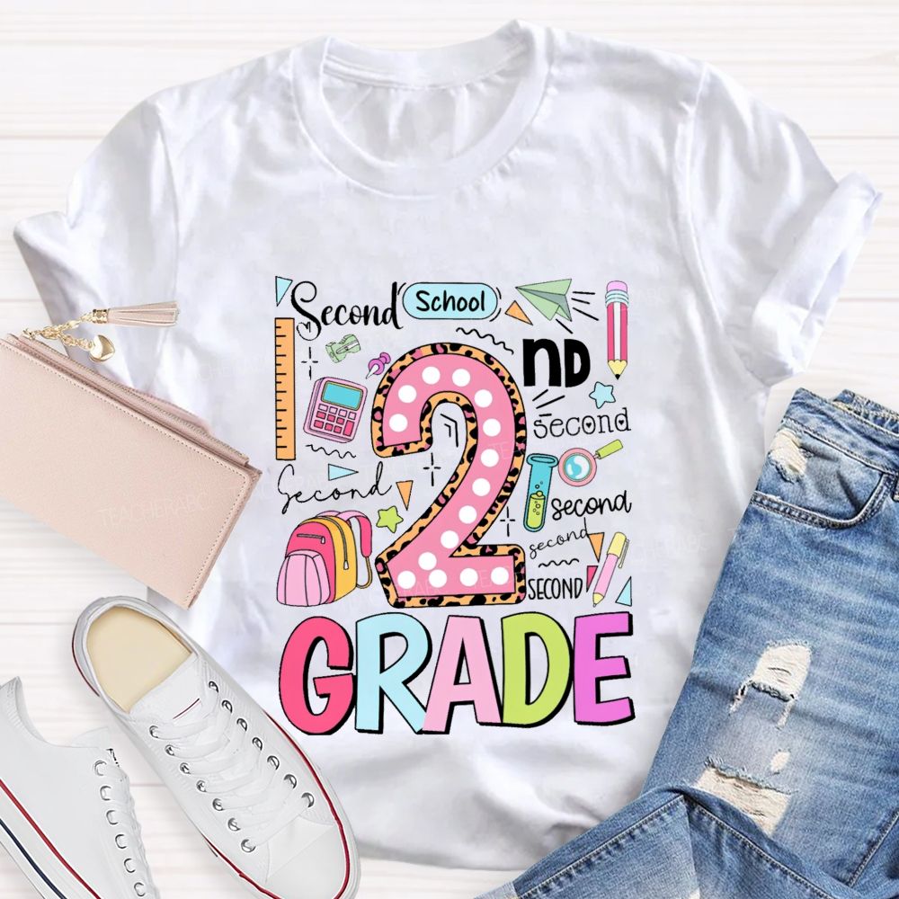 Personalized Grade Pink Dot Leopard Number Back To School Teacher T-Shirt