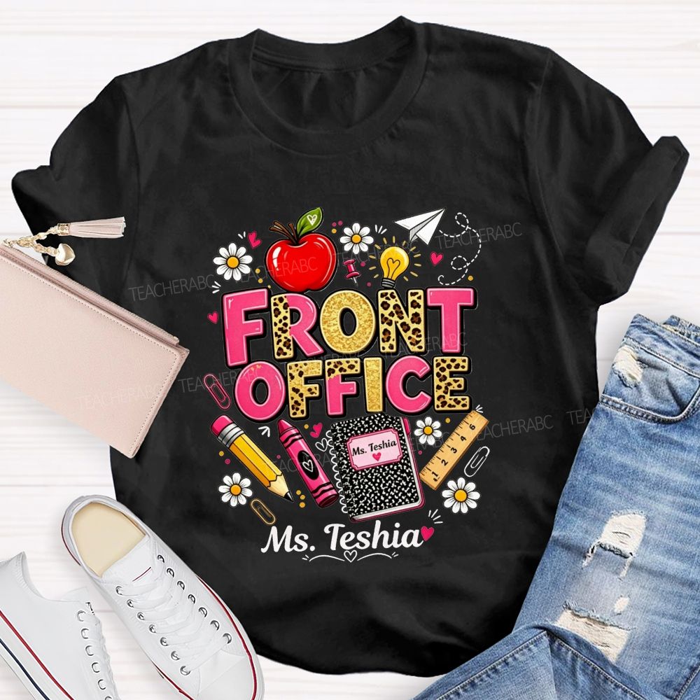 Personalized Name Front Office Leopard Gold Glitter School Supply T-shirt