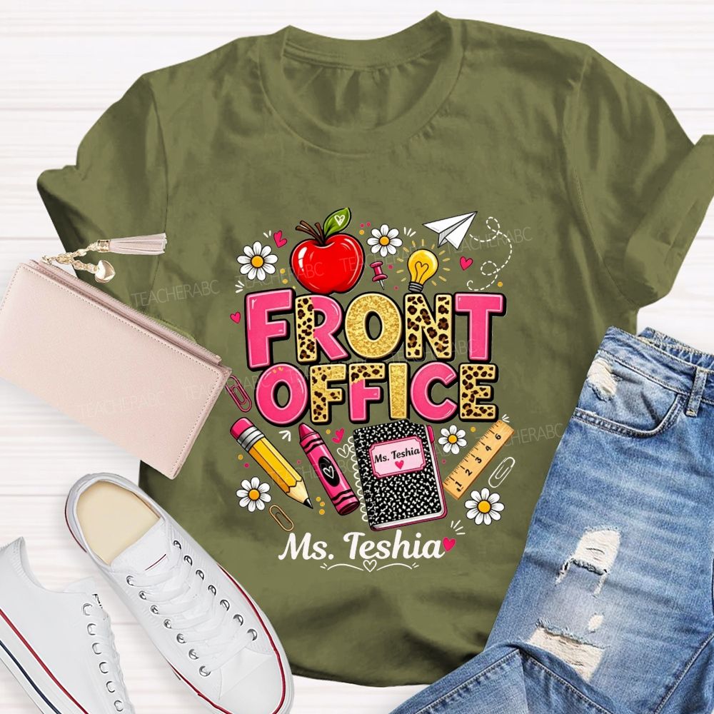 Personalized Name Front Office Leopard Gold Glitter School Supply T-shirt