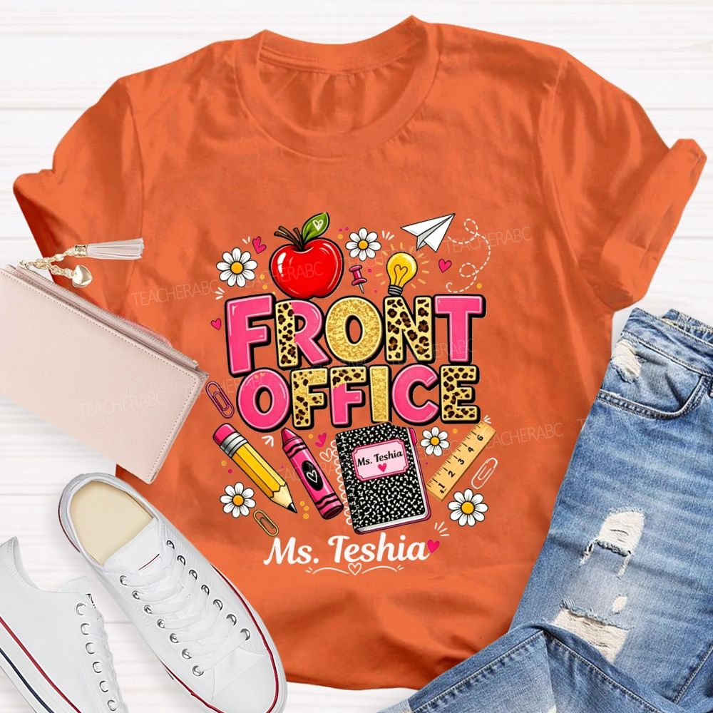 Personalized Name Front Office Leopard Gold Glitter School Supply T-shirt