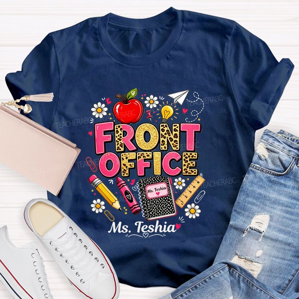 Personalized Name Front Office Leopard Gold Glitter School Supply T-shirt