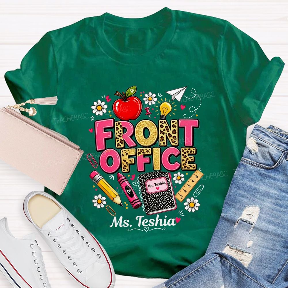 Personalized Name Front Office Leopard Gold Glitter School Supply T-shirt