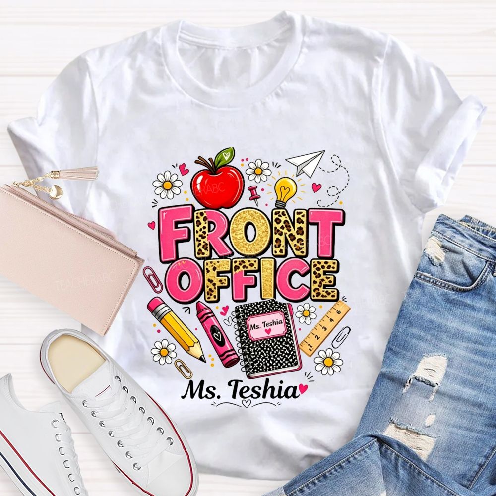 Personalized Name Front Office Leopard Gold Glitter School Supply T-shirt