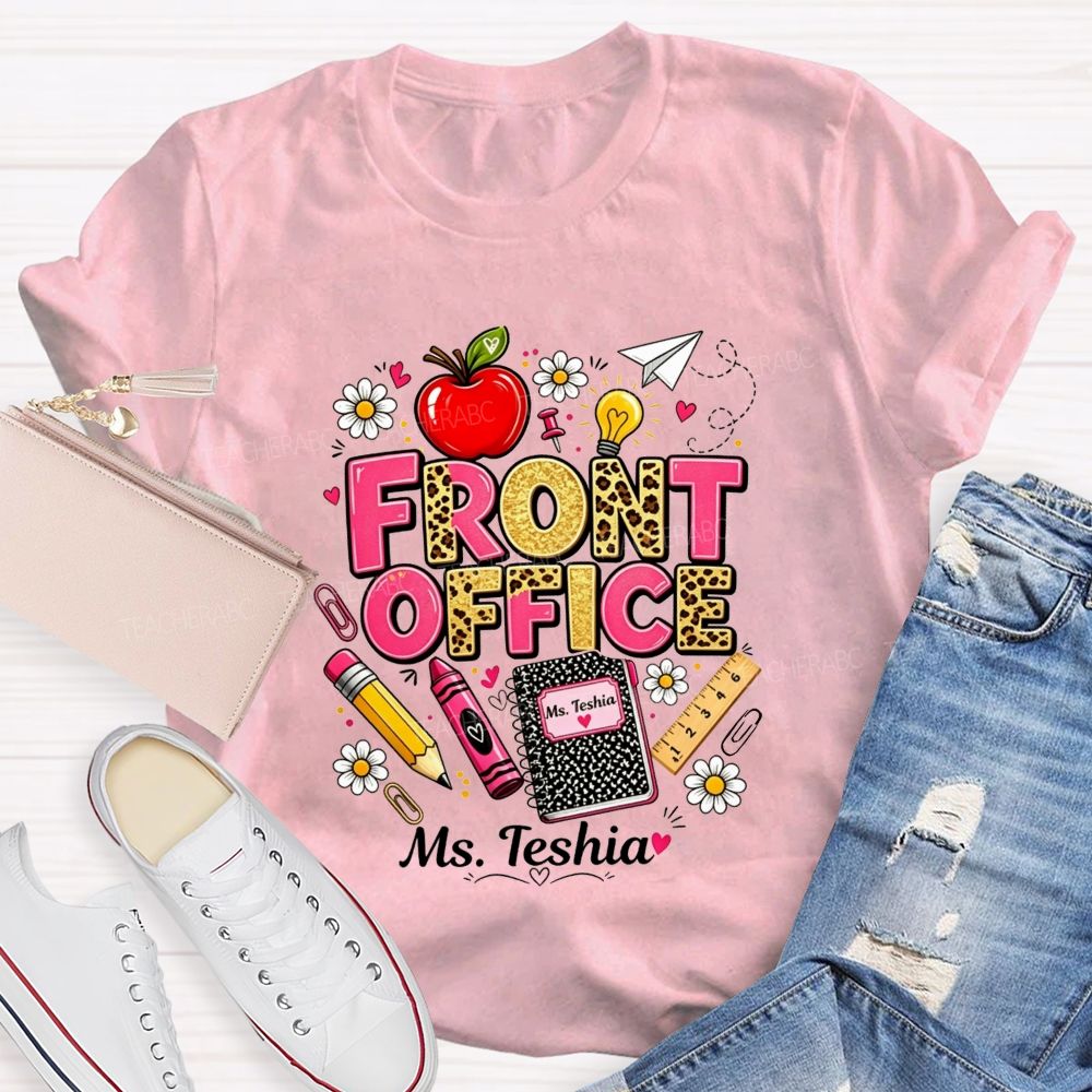 Personalized Name Front Office Leopard Gold Glitter School Supply T-shirt