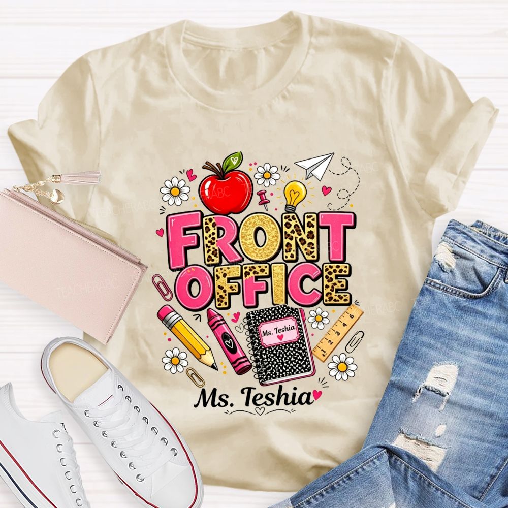 Personalized Name Front Office Leopard Gold Glitter School Supply T-shirt