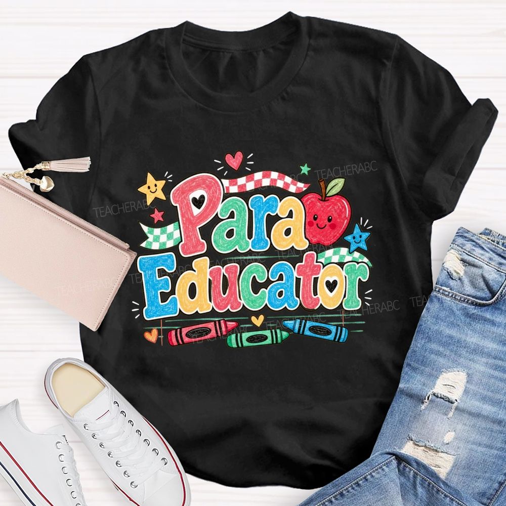 Para Educator Checkerboard Ribbon Crayon Apple Teacher T-shirt