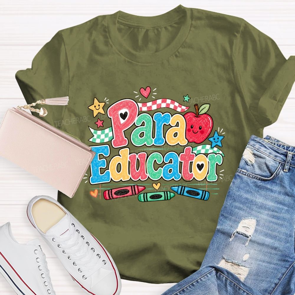 Para Educator Checkerboard Ribbon Crayon Apple Teacher T-shirt