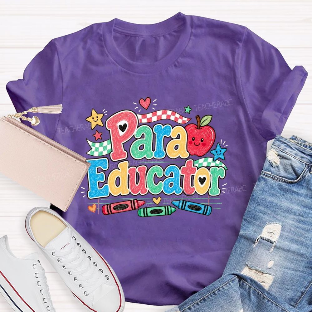 Para Educator Checkerboard Ribbon Crayon Apple Teacher T-shirt