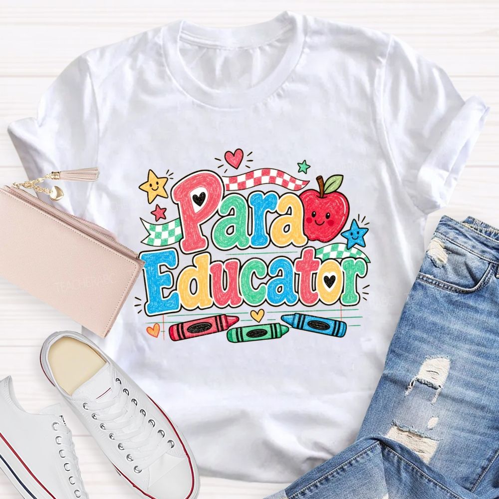 Para Educator Checkerboard Ribbon Crayon Apple Teacher T-shirt